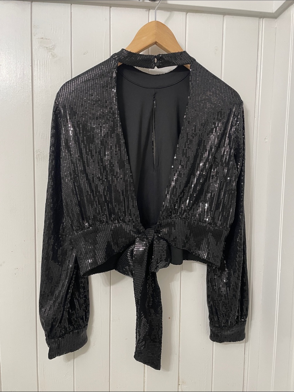 Sequin Tie-Back Long Sleeve Top - Black - m - Picture 3 of 9